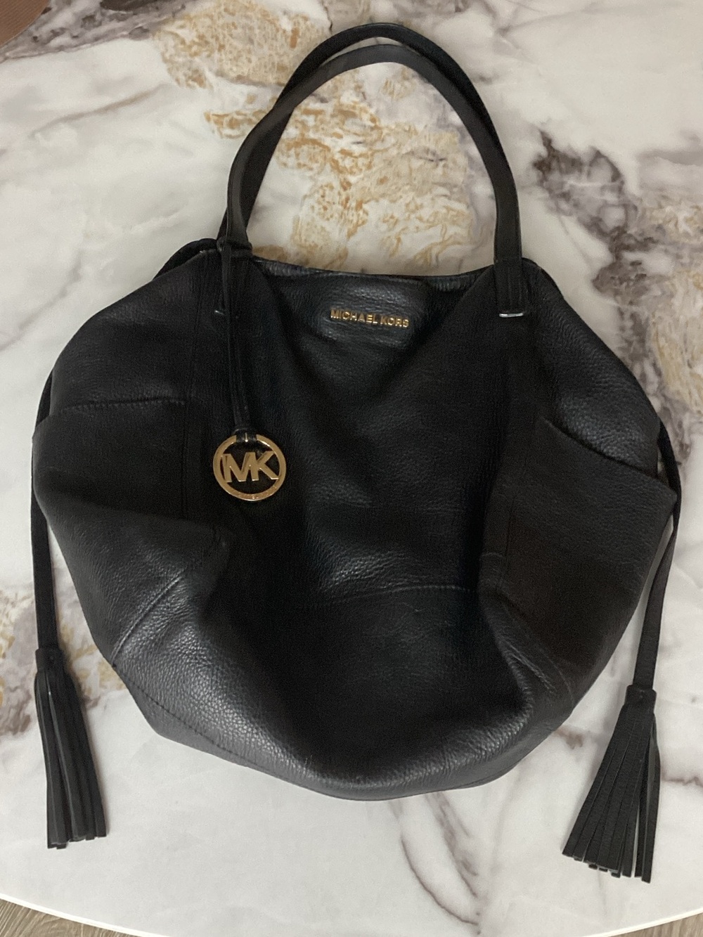 Michael Kors Black Pebbled Leather Shoulder Bag with Gold Logo Charm